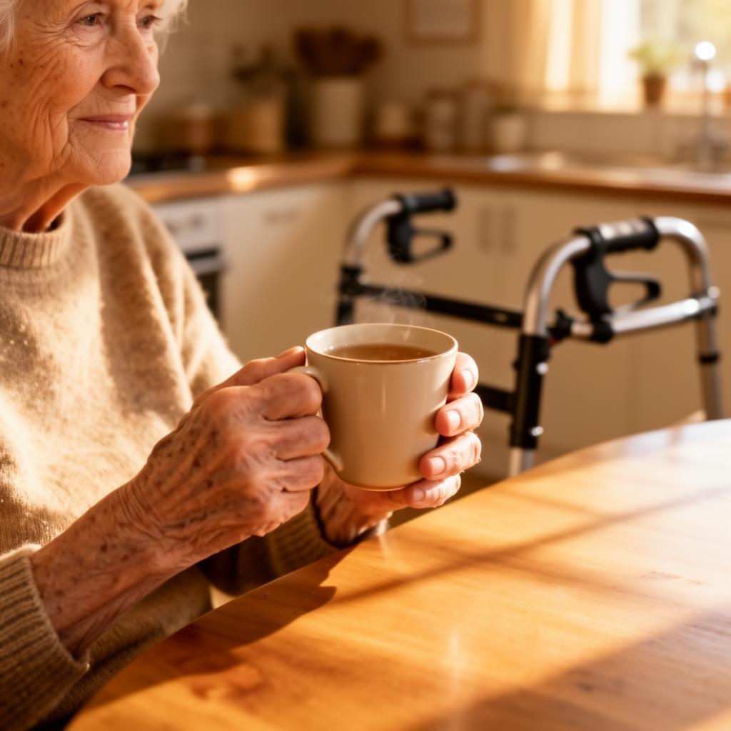 Older hands holding a warm cup of tea in a sunlit kitchen