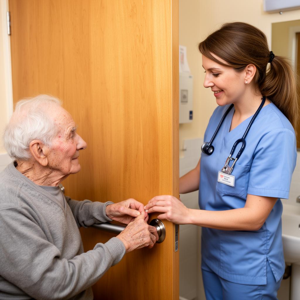 An occupational therapist assisting an older man with a home grab rail